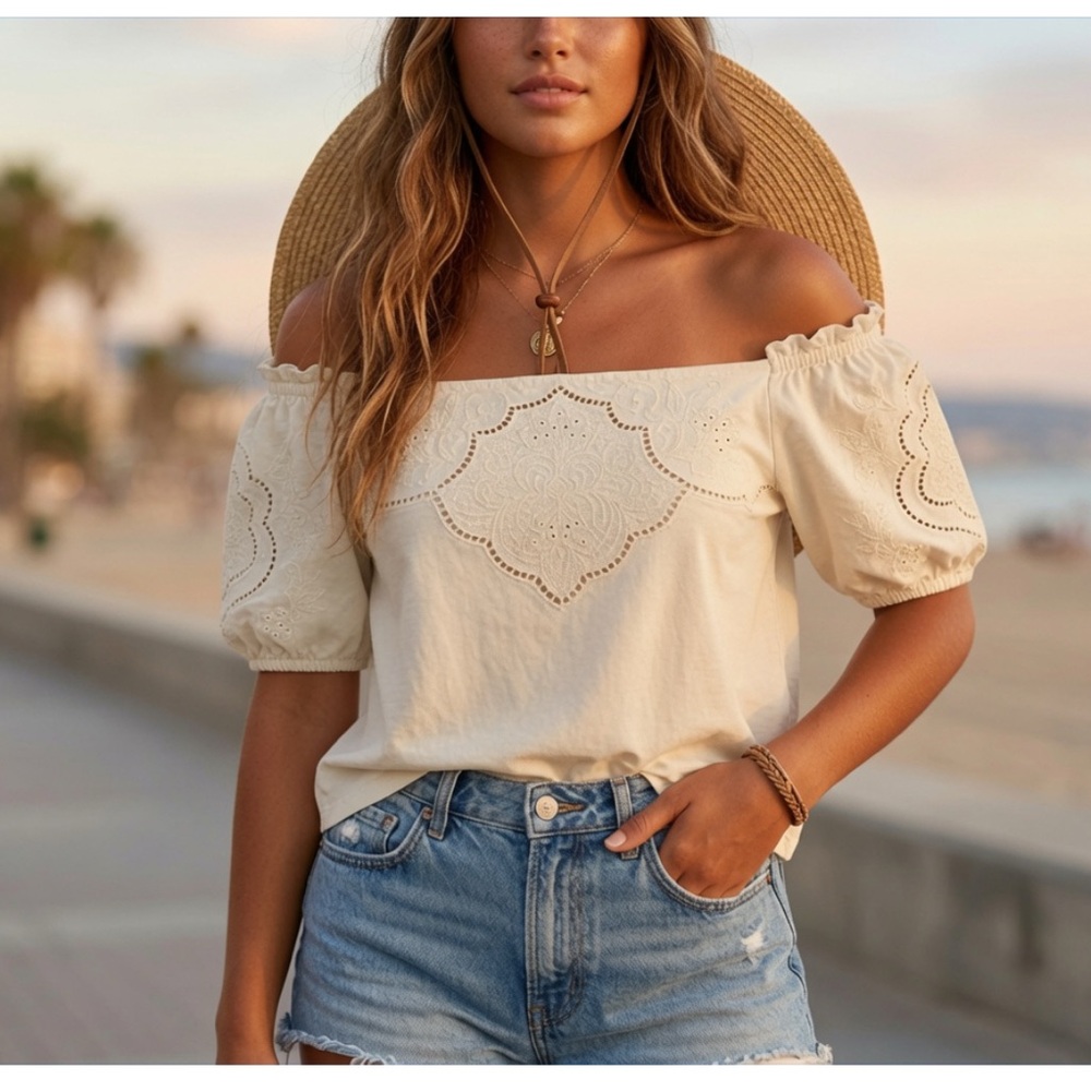 Off-Shoulder Eyelet Peasant Top in Cream boho express